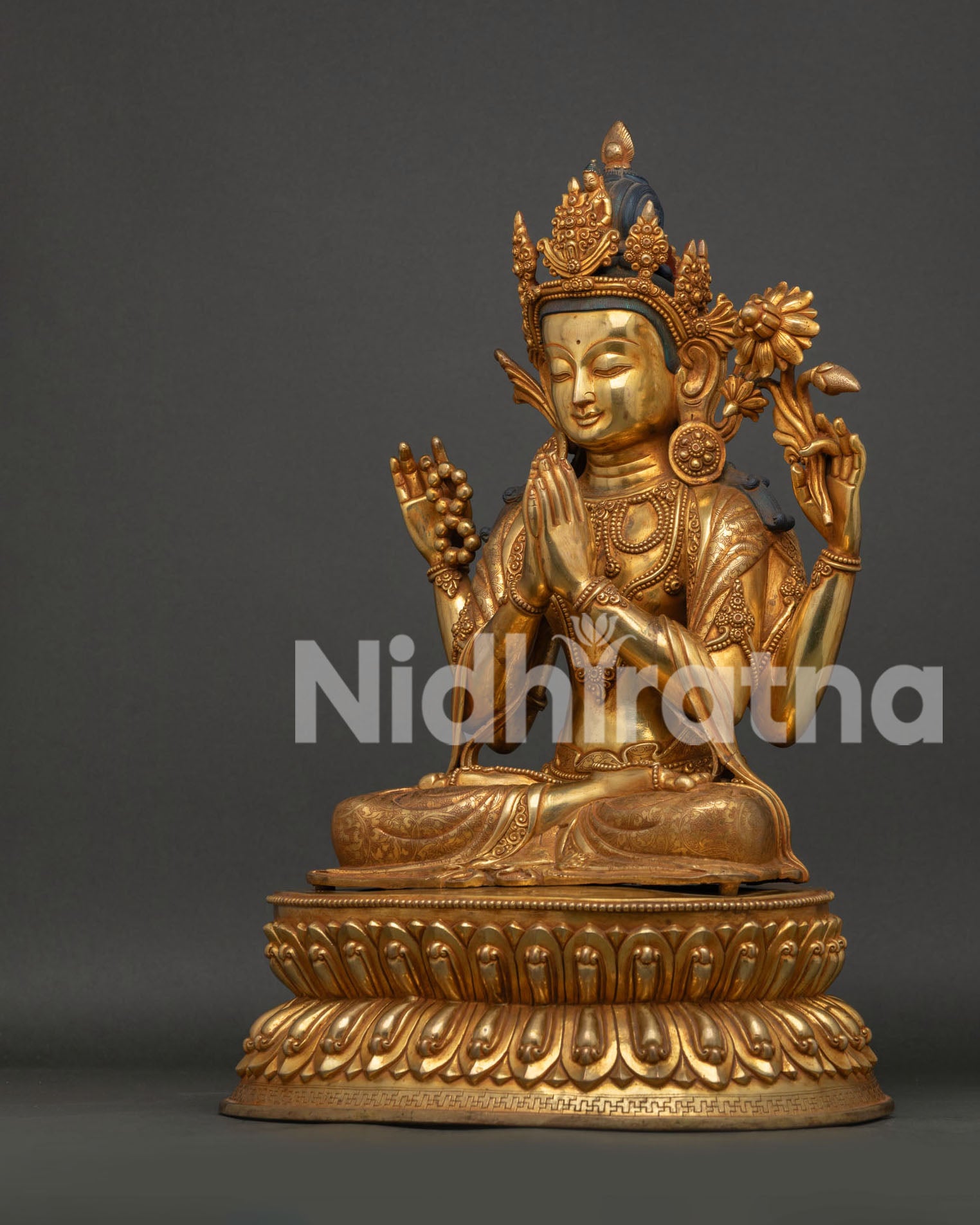 Four Armed Chenrezig Statue Left View Side Gold Gilded Avalokiteshvara Deity Figure