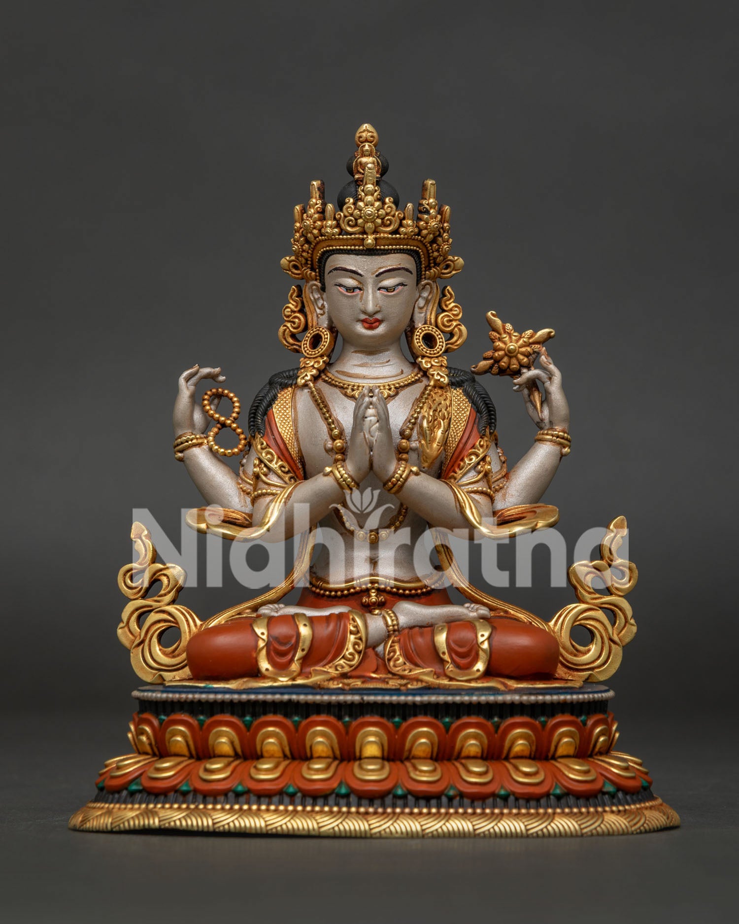 Four-Armed Chenrezig Statue Nepalese Buddhist Sculpture Front View