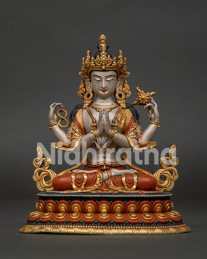 Four-Armed Chenrezig Statue Nepalese Buddhist Sculpture Front View