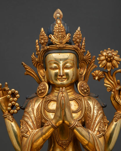 Four Armed Chenrezig Statue Regular Close Up Nepalese Handmade Compassion Deity Art