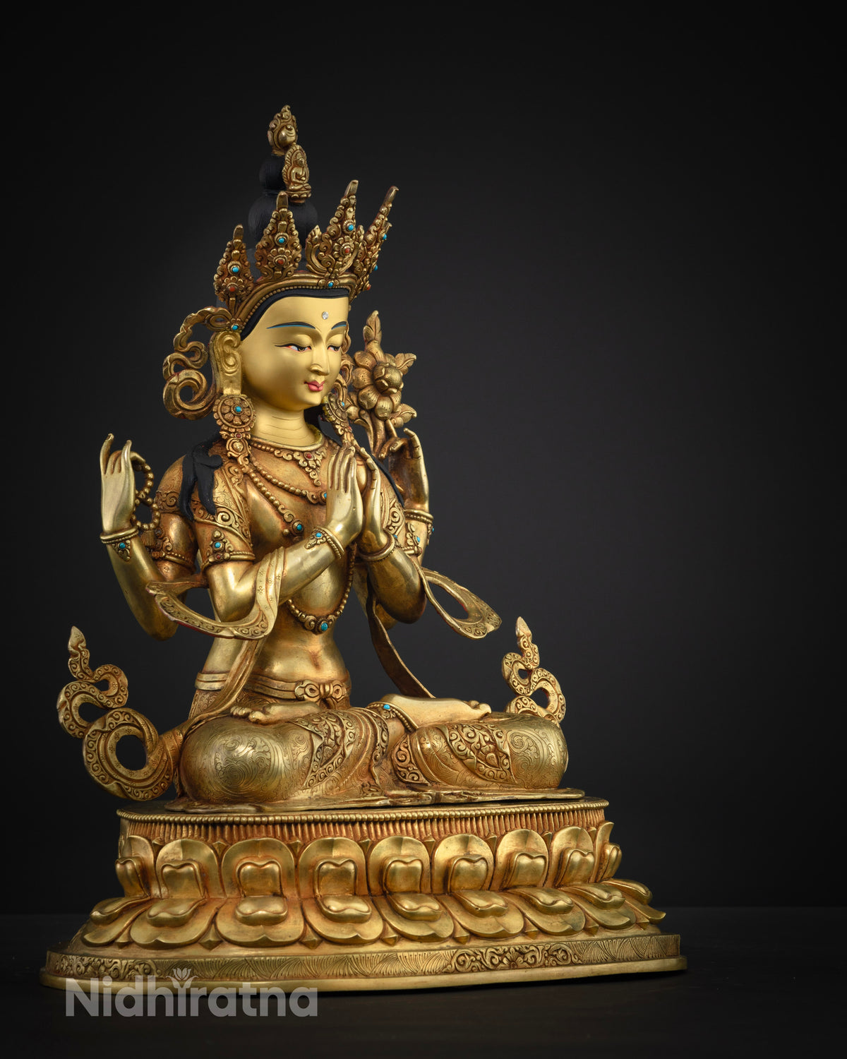 Four-Armed Chenrezig Statue - Right Side View, 24K Gold Sculpture