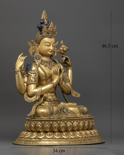 Four-Armed Chenrezig Statue, right side view of handcrafted gold-gilded sculpture