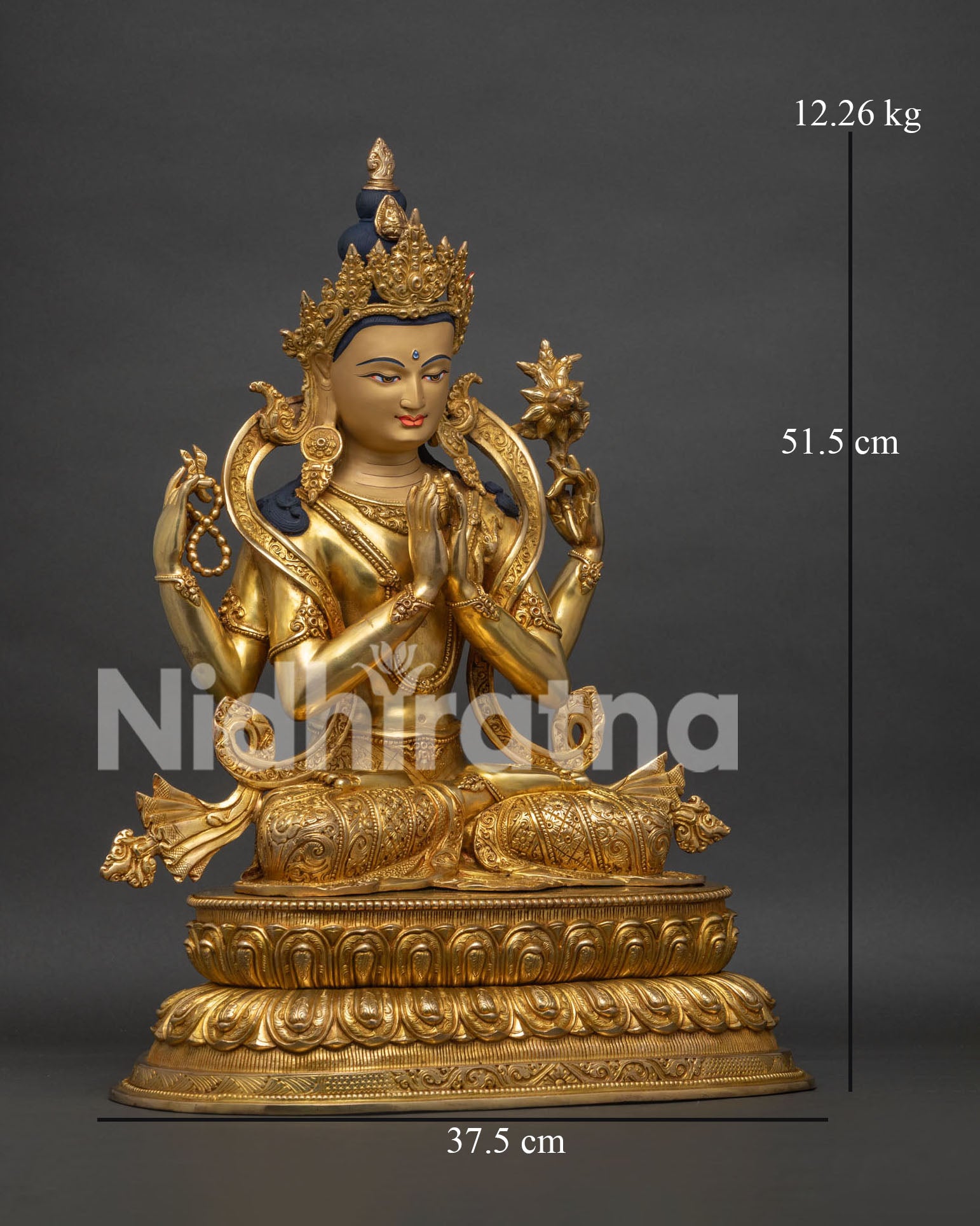 Four Armed Chenrezig Statue right view side showing four arms and lotus pedestal design