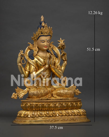 Four Armed Chenrezig Statue right view side showing four arms and lotus pedestal design