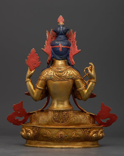 Four-Armed Chenrezig Statue Seated on Lotus Seat with Intricate Sacred Details