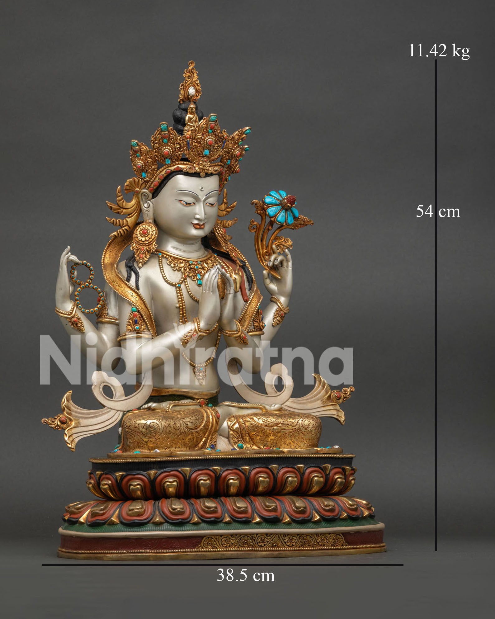 Four-Armed Chenrezig statue size chart showing 54 cm height, 38.5 cm width, 11.42 kg weight