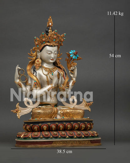 Four-Armed Chenrezig statue size chart showing 54 cm height, 38.5 cm width, 11.42 kg weight