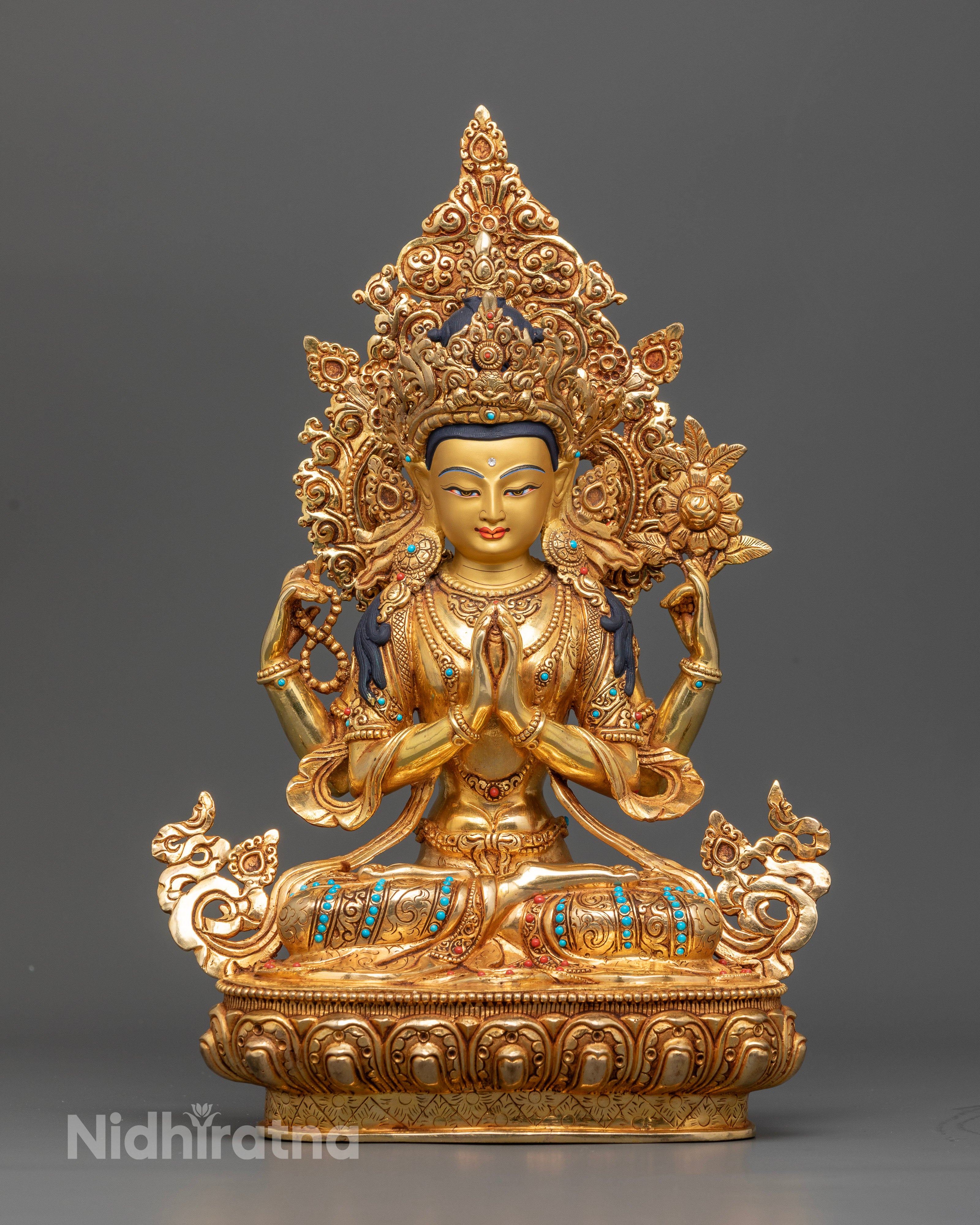 Four-Armed Chenrezig Statue with 24K Gold Face and Semi-Precious Stones.