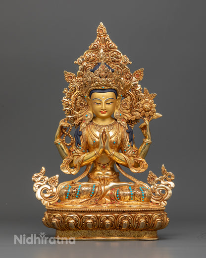 Four-Armed Chenrezig Statue with 24K Gold Face and Semi-Precious Stones.