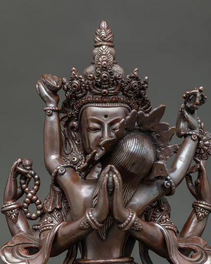 Four Armed Chenrezig Statue with Crystal Rosary Jewel and White Lotus.