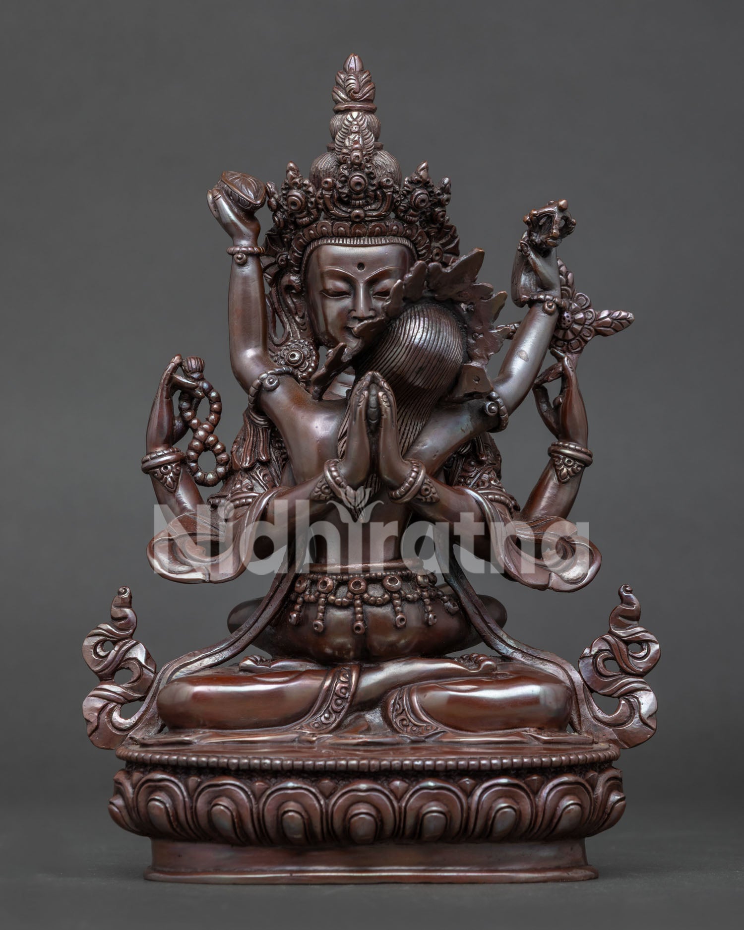 Four Armed Chenrezig with Consort Statue Handcrafted in Patan Nepal.