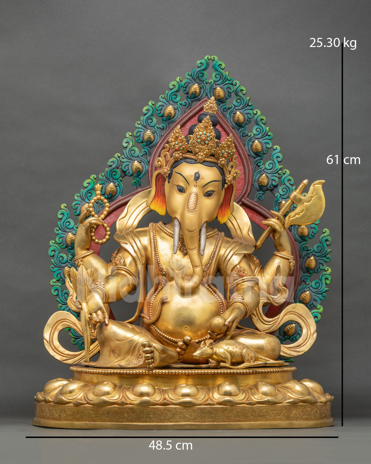 Four-armed Ganesh statue front view, 24K gold fire-gilded copper with multicolor halo from Nepal