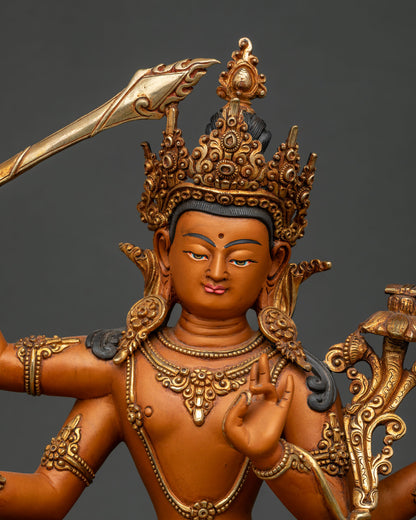 Four Armed Maha Manjushri Statue Regular Close Up Gold Gilded Copper Buddhist Art