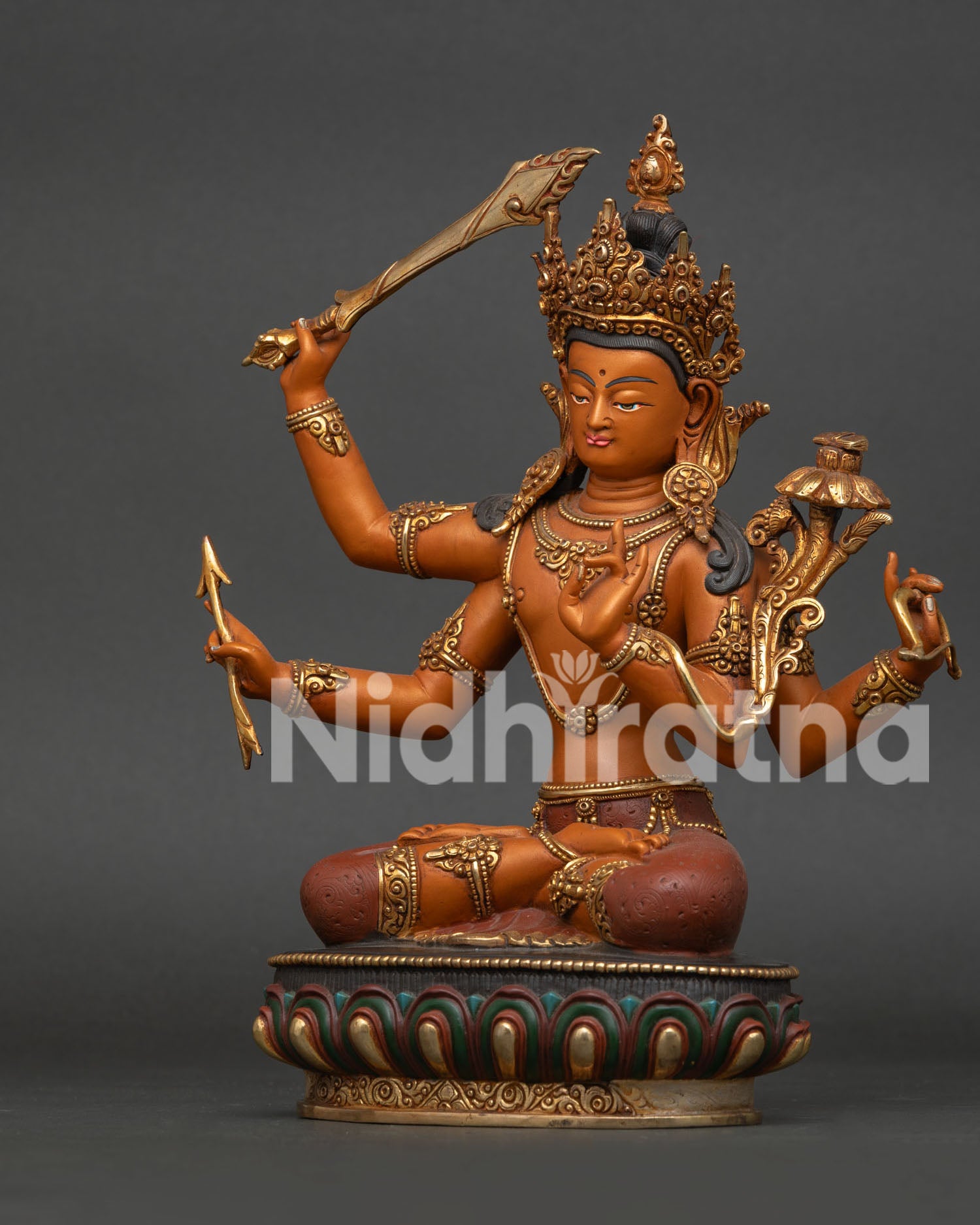 Four Armed Maha Manjushri Statue Left Side View Traditional Buddhist Art from Nepal