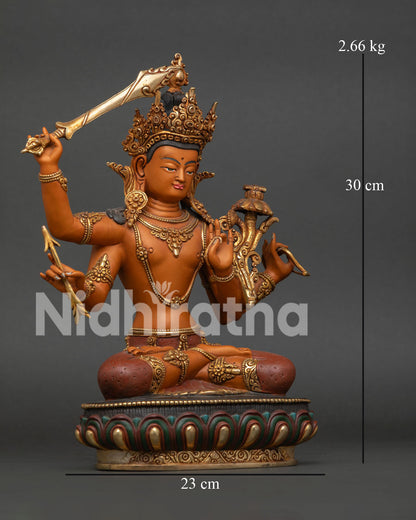Four Armed Maha Manjushri Statue Right Side View Handmade Nepalese Copper Sculpture