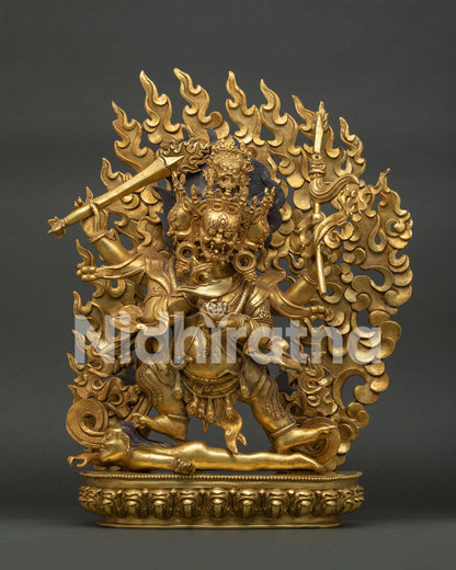 Four Armed Mahakala Statue Front View 24K Gold Fire Gilded Copper from Nepal.