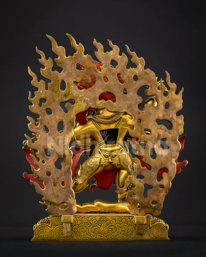 Four Armed Vajrapani statue Bhutadamara Tamer of Spirits standing posture lotus throne fire halo handcrafted Nepalese Buddhist ritual sculpture