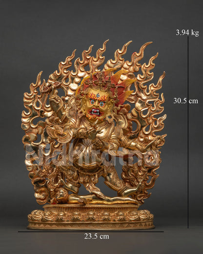 Four Armed Vajrapani Statue Front View Handcrafted in Patan Nepal with Gold Fire Gilding.