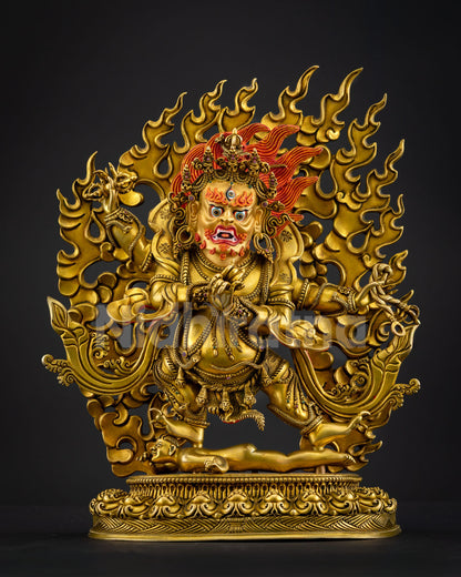 Four-Armed Vajrapani statue handcrafted Nepal copper sculpture three layers 24K fire gilded gold wrathful Buddhist protector deity, sacred Himalayan art