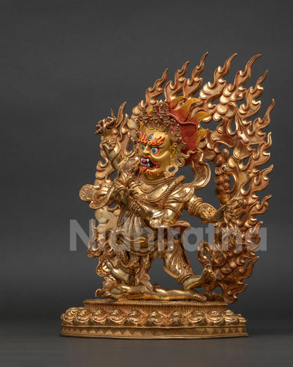 Four Armed Vajrapani Statue Side View with Vajra Lasso and Blazing Halo.