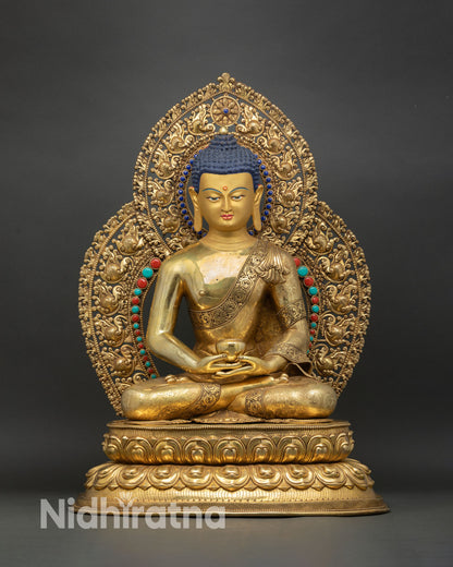Front Amitabha Buddha statue Nepal copper 24K gold lotus throne and halo detail