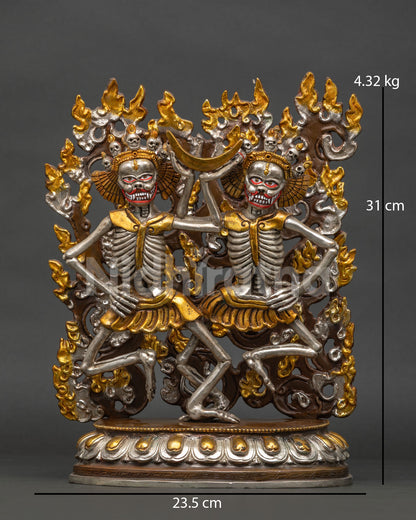 Dancing Citipati duo statue with gold gilding and silver plating from Nepal