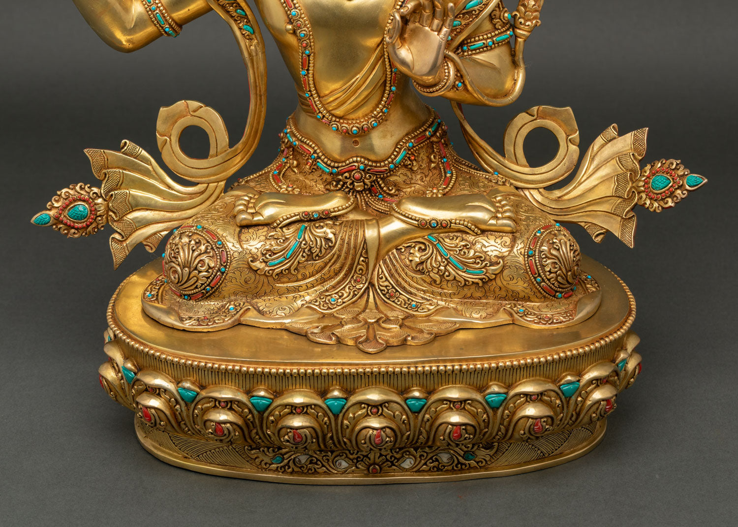 Front lower section of Manjushri Statue with double lotus pedestal and gemstone inlaysa