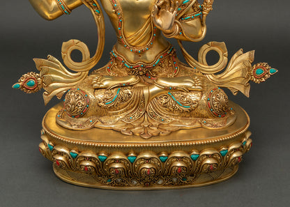 Front lower section of Manjushri Statue with double lotus pedestal and gemstone inlaysa
