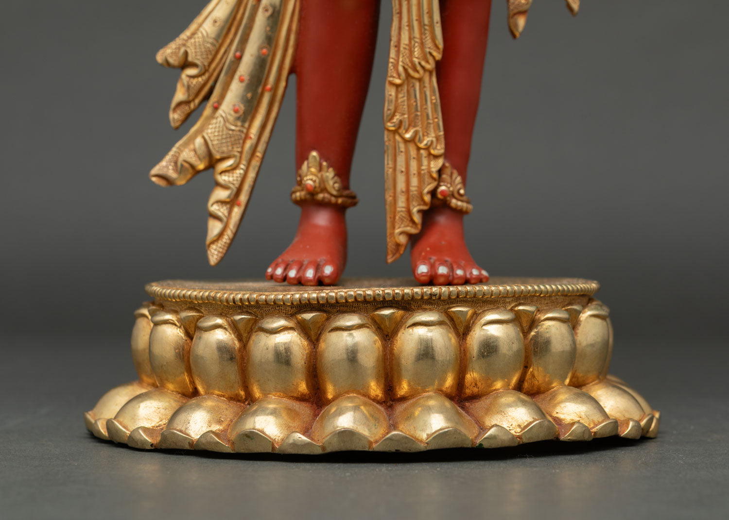 Front lower view of gold gilded lotus pedestal base, Manjushri statue