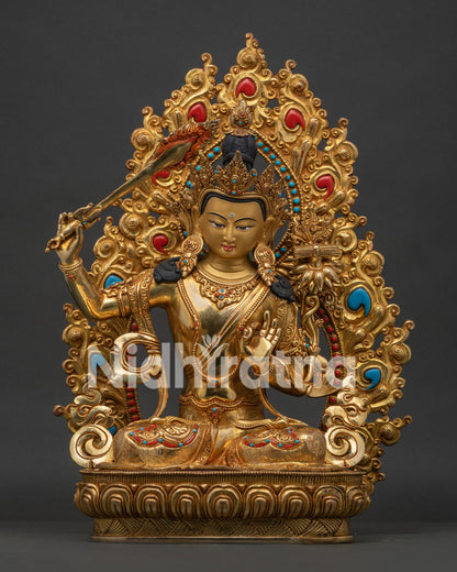 Front Manjushri Statue 24K Gold Fire Gilded Handmade Newari Buddhist Art from Nepal