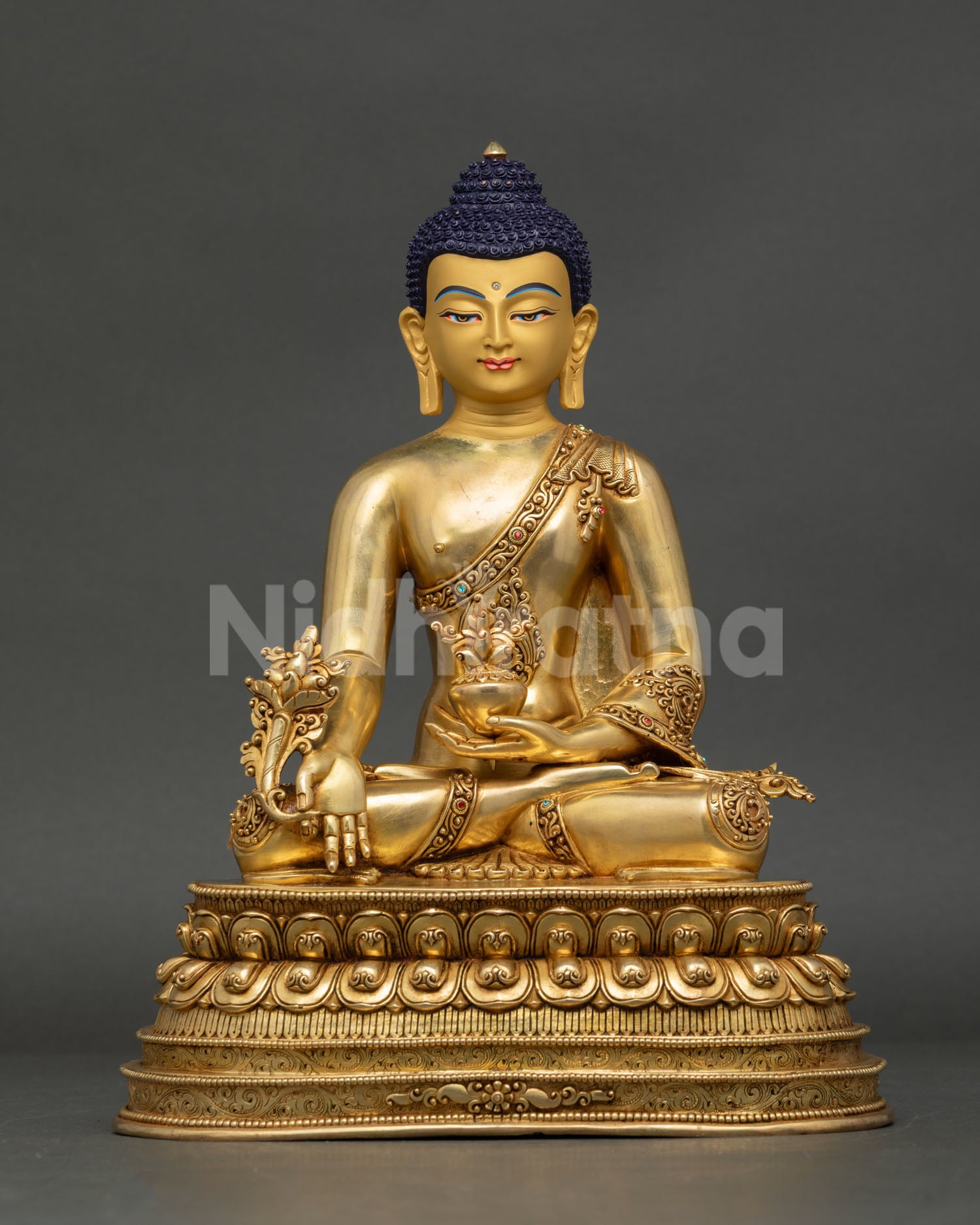Medicine Buddha Statue, 24K gold fire-gilded copper, double-lotus throne, handcrafted Nepal