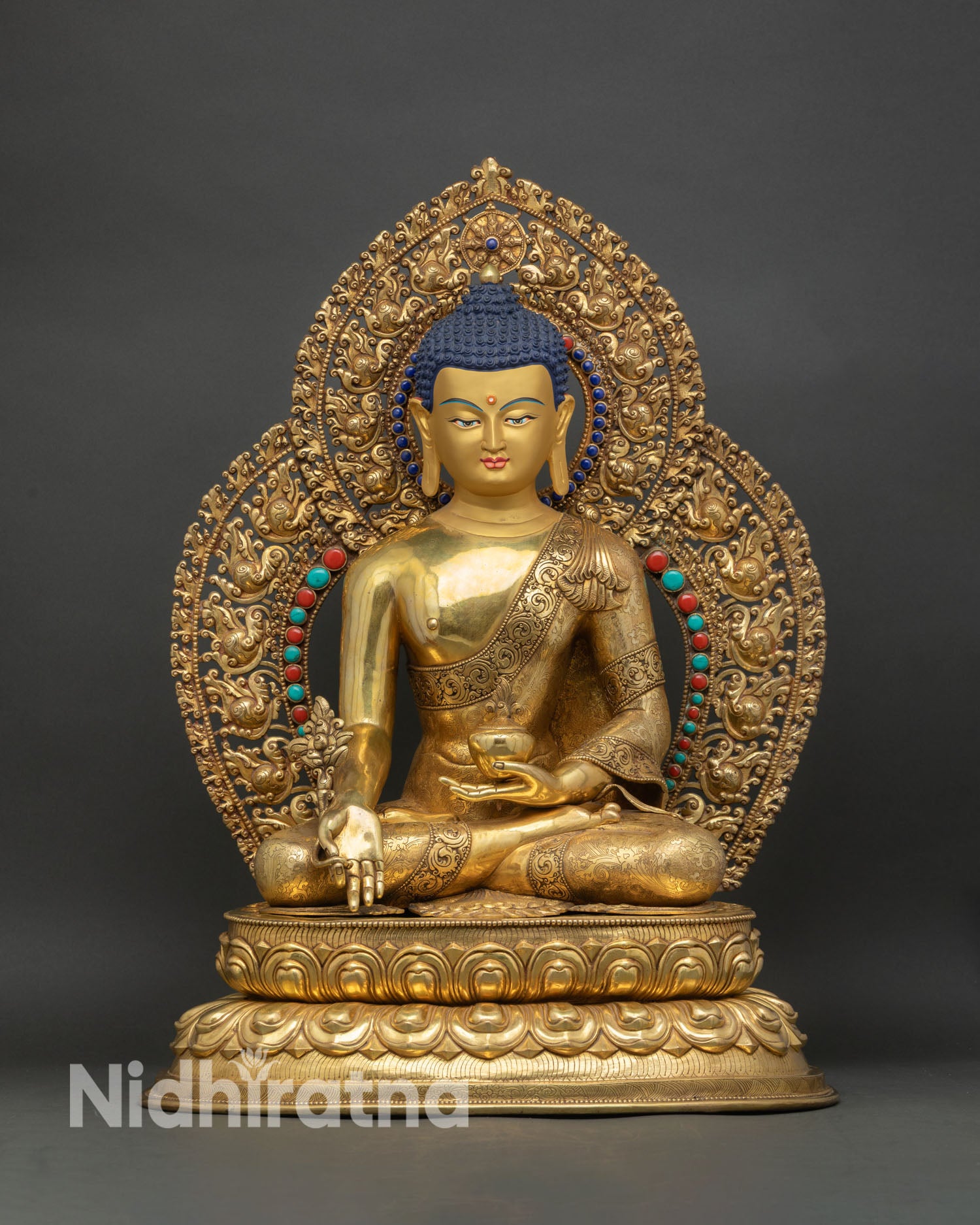 Front Medicine Buddha statue copper gold lotus throne halo Nepal healing Buddha art