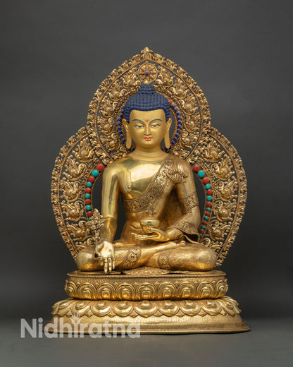 Front Medicine Buddha statue copper gold lotus throne halo Nepal healing Buddha art
