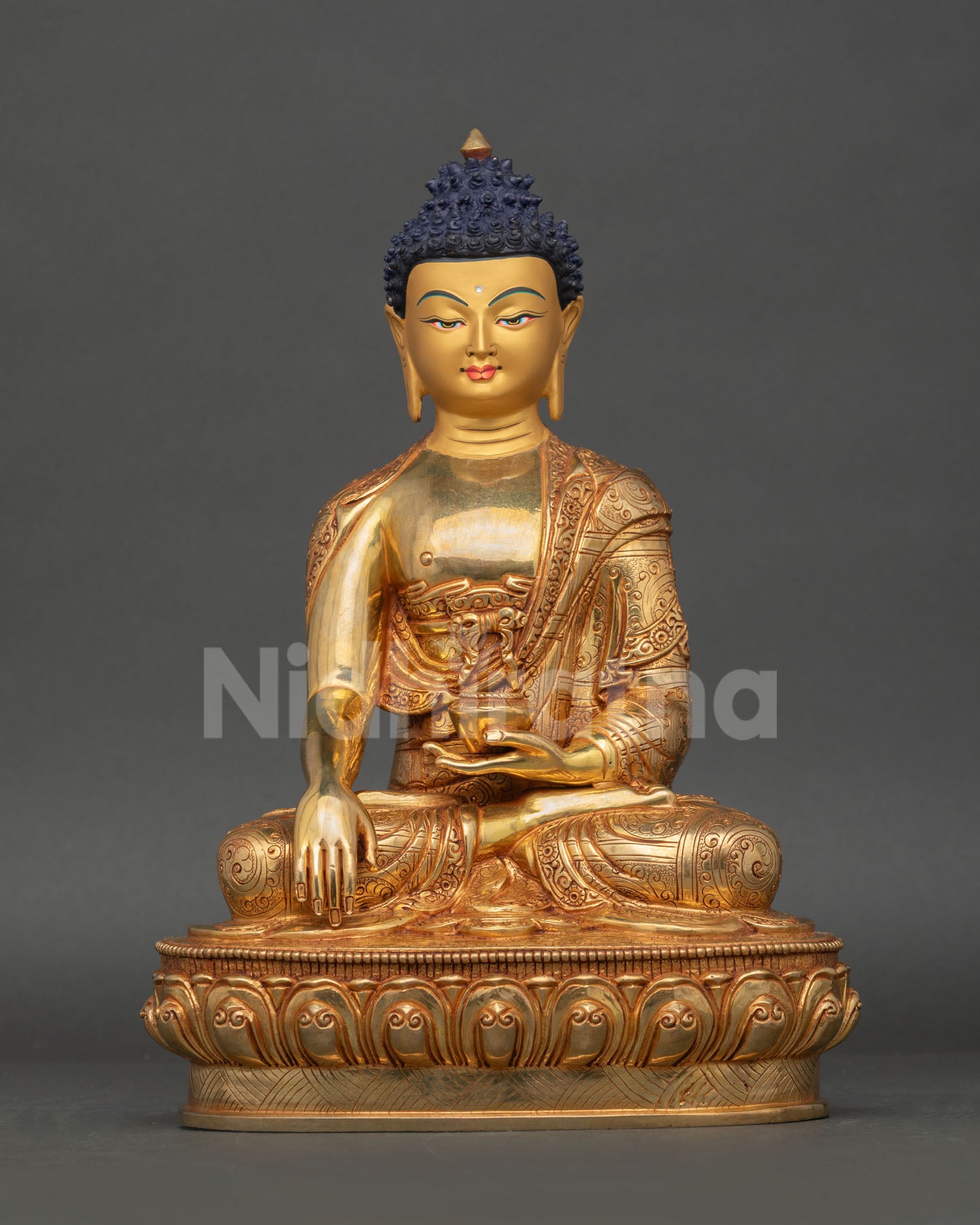 Front Shakyamuni Buddha statue 24K gold fire-gilded copper, bhumisparsha Mudra, lotus throne, Newari art