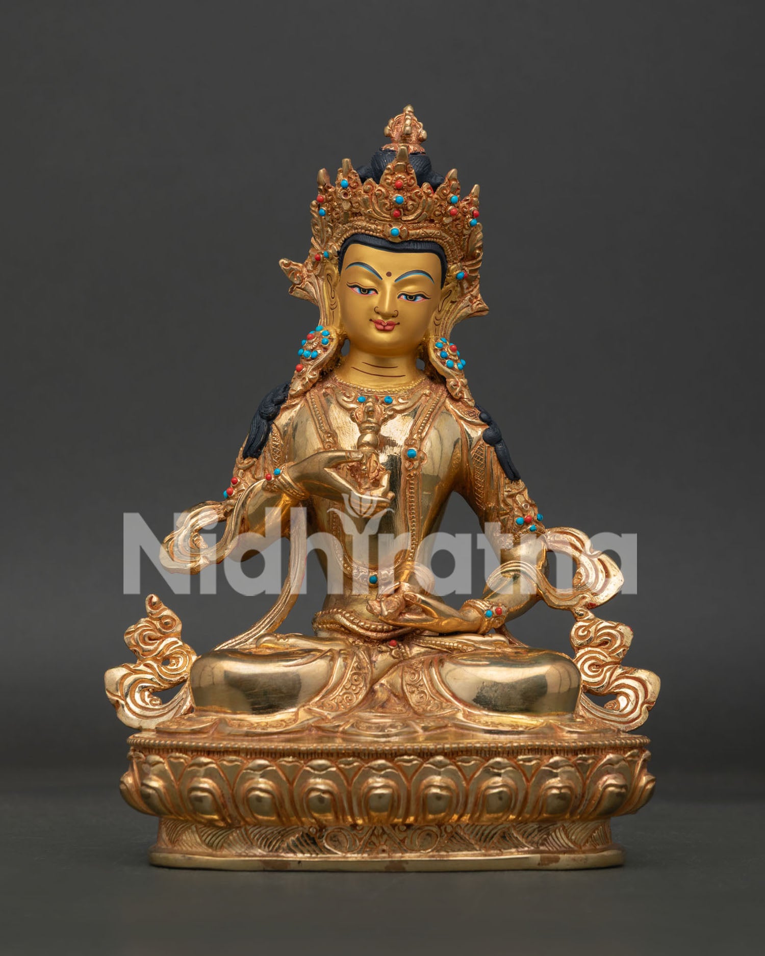 Front View 24K Gold Fire Gilded Vajrasattva Statue Handmade in Nepal