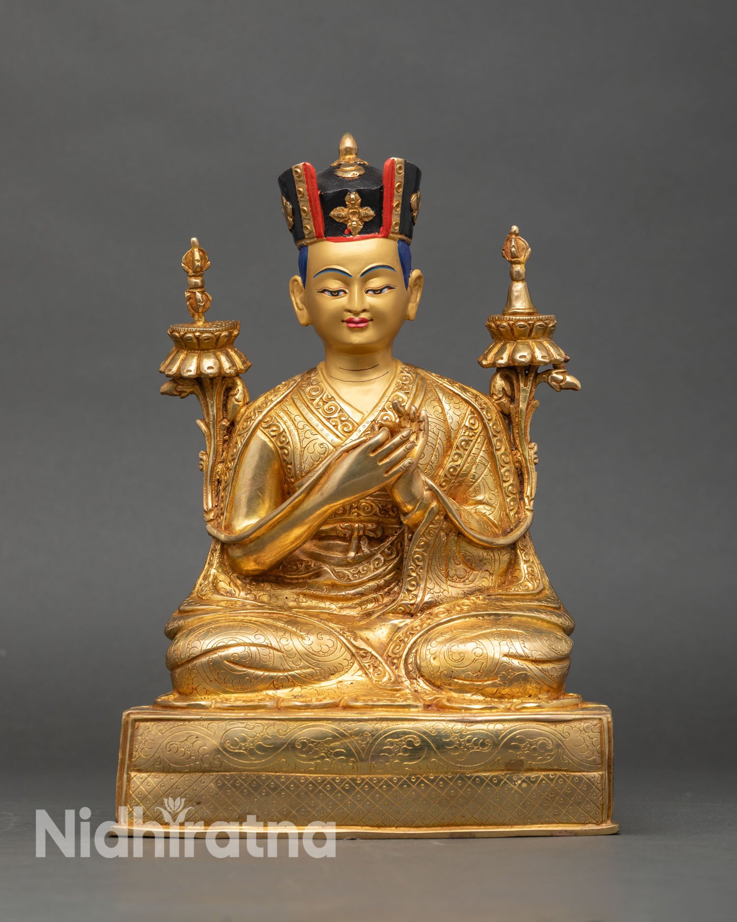 Front view of 3rd Karmapa Rangjung Dorje statue, gold fire-gilded copper with Black Crown