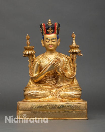 Front view of 3rd Karmapa Rangjung Dorje statue, gold fire-gilded copper with Black Crown