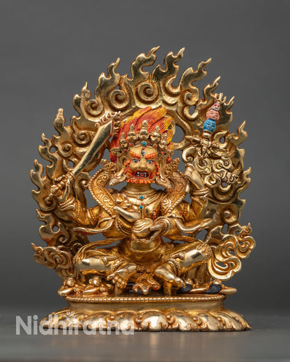 Front View 4 Armed Mahakala Statue Gold Gilding Double Lotus Pedestal Wrathful Deity