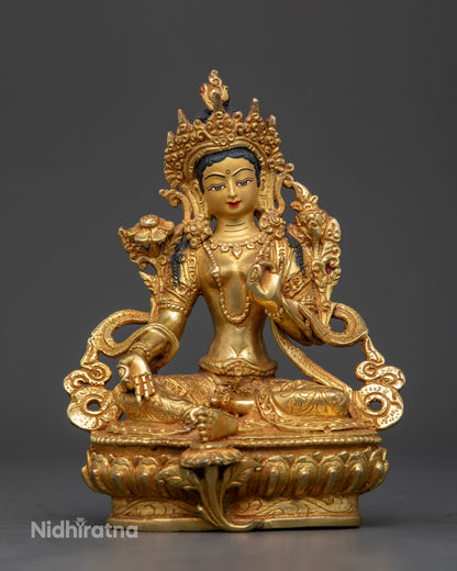 front view of Green Tara Sculpture handcrafted Nepal gold gilded copper lotus seat meditation decor