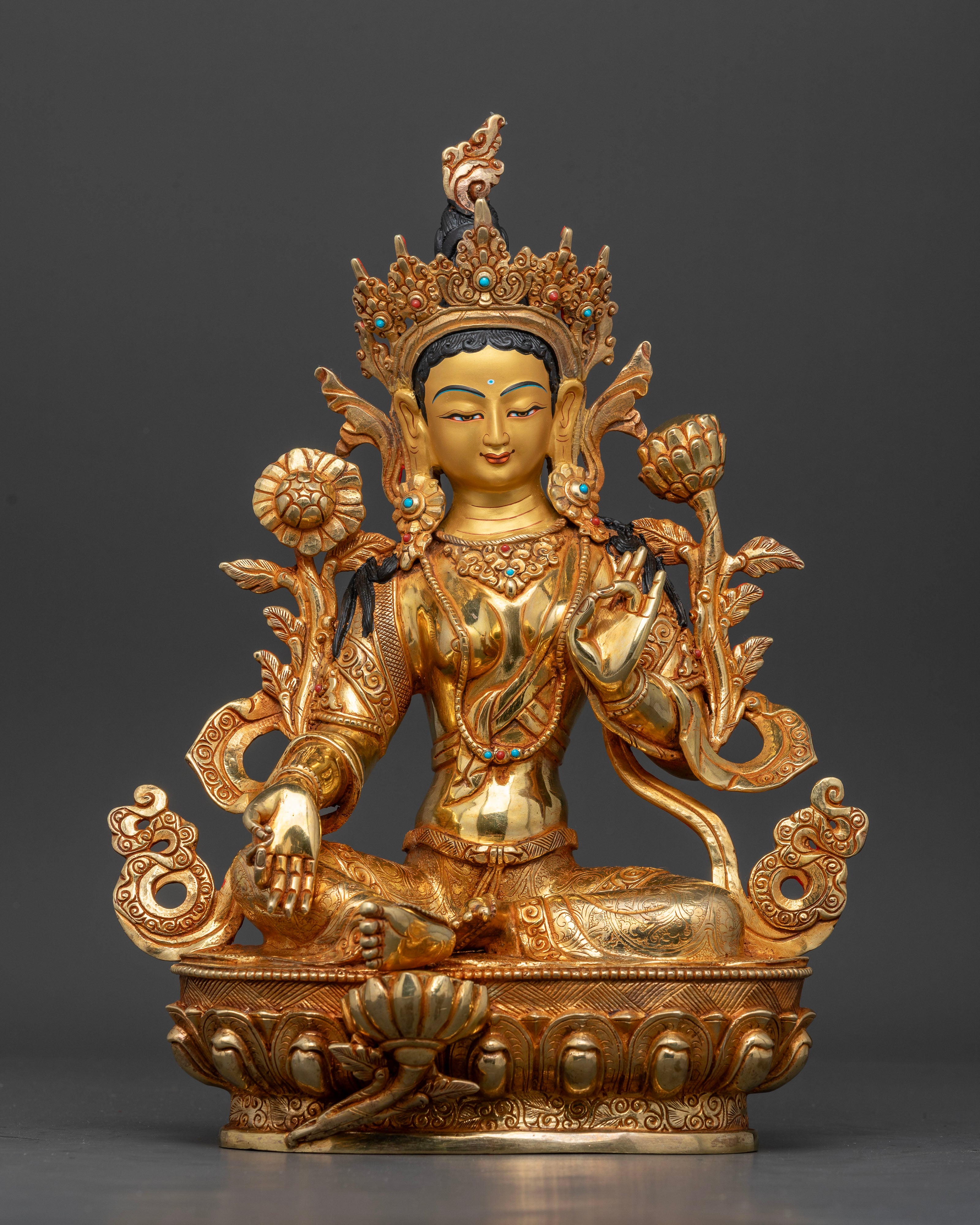 front view Green Tara statue handmade Nepal 24K gold gilded copper Buddhist goddess lotus seat