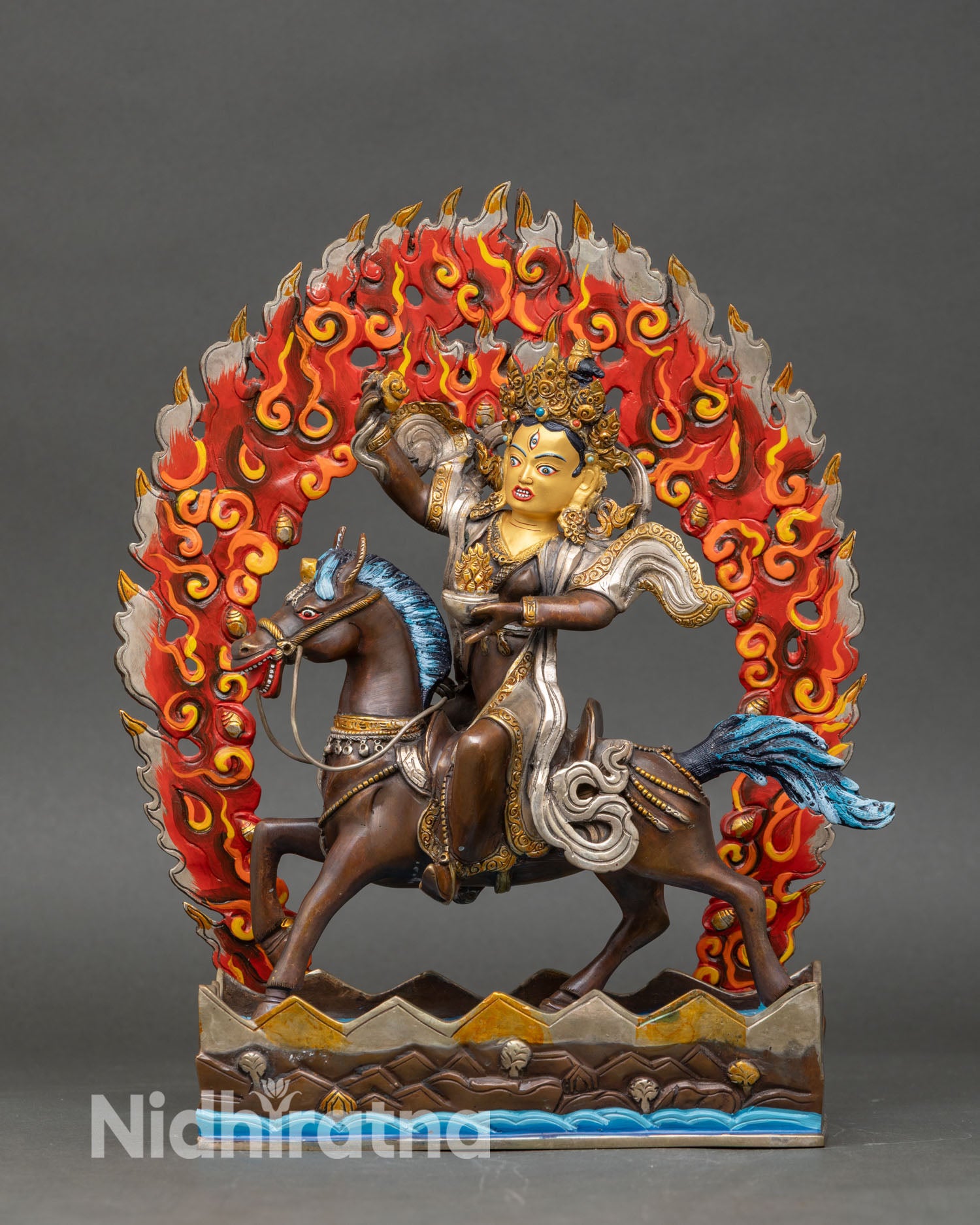 Front view of Achi Chokyi Drolma statue, handcrafted copper oxidized, gold-painted face, horse lotus pedestal flaming halo sacred art