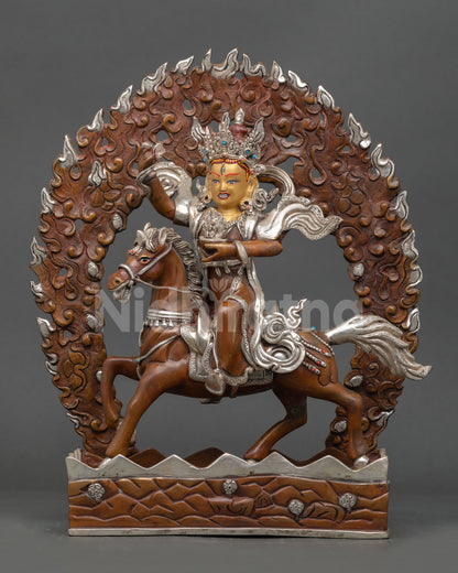 Front view of Achi Chokyi Drolma statue riding a horse above lotus pedestal with flaming halo, oxidized copper and silver plated finish 