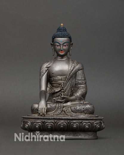 Front view of Akshobhya Buddha statue, Nepal copper alloy hand painted earth touching mudra lotus posture altar decor