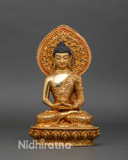 Front view of Amitabha Buddha statue, copper with 24K gold fire-gilded lotus base