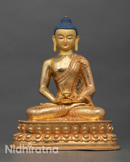 Front view of Amitabha Buddha statue copper gold gilded Nepal handcrafted Buddhist sculpture double lotus throne, altar decor