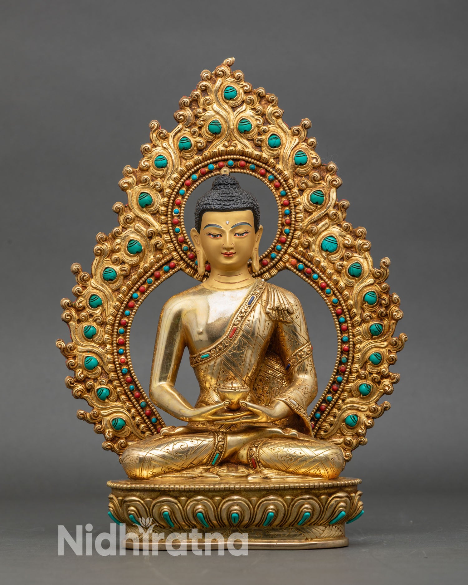 Front view Amitabha Buddha statue gold gilded copper Nepalese handmade art