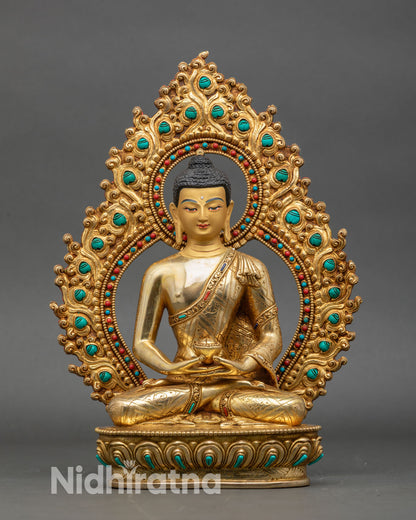 Front view Amitabha Buddha statue gold gilded copper Nepalese handmade art