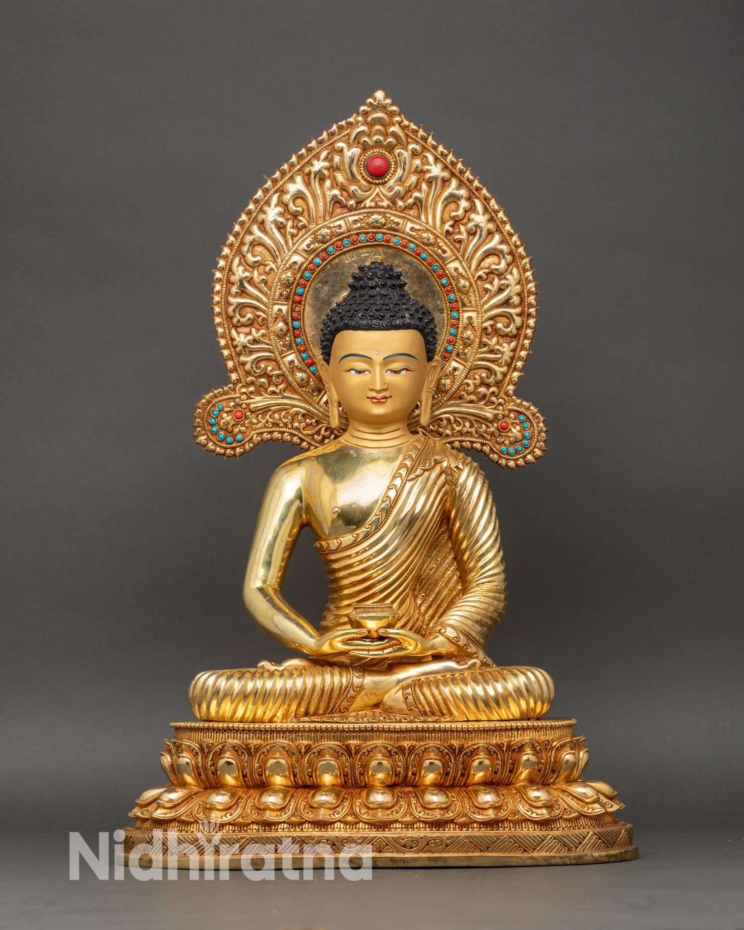 Front view Amitabha Buddha statue gold gilded copper Nepalese meditation art