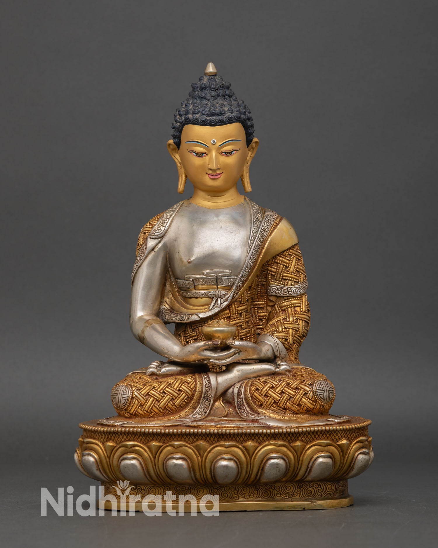 Front view of the Amitabha Buddha statue, gold gilded robes, silver plated, copper lotus pedestal