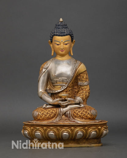 Front view of the Amitabha Buddha statue, gold gilded robes, silver plated, copper lotus pedestal